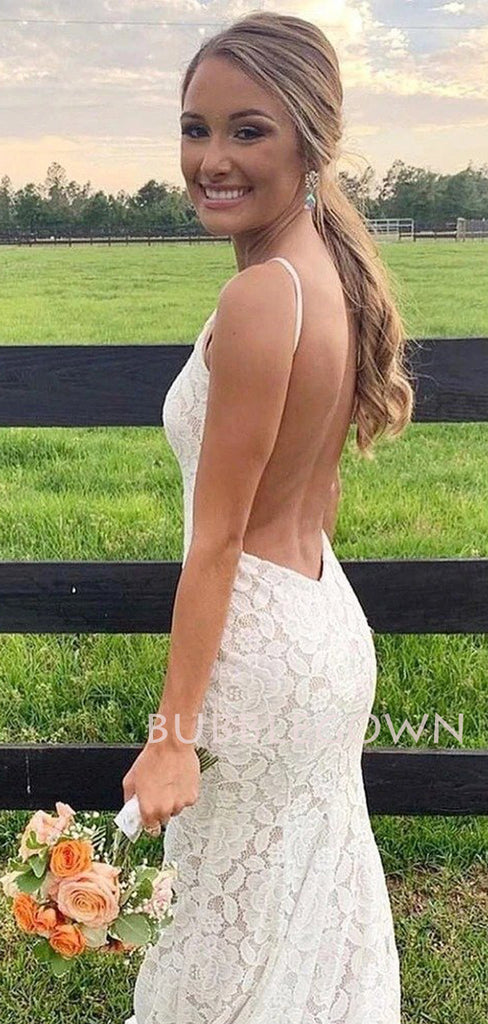 Yellow Lace Spaghetti Straps Mermaid Backless Long Evening Prom Dresses, Cheap Custom Prom Dresses, MR7428