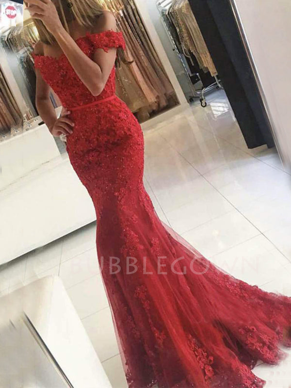 Off Shoulder Red Mermaid Beaded Long Evening Prom Dresses, MR7429