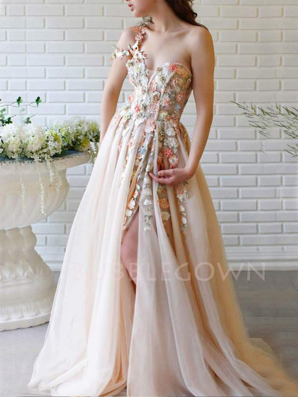 One Shoulder V Neck Champagne Tulle Appliques A-line Long Evening Prom Dresses, Cheap Custom V Neck Prom Dress, MR7430