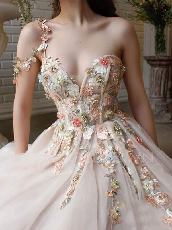 One Shoulder V Neck Champagne Tulle Appliques A-line Long Evening Prom Dresses, Cheap Custom V Neck Prom Dress, MR7430