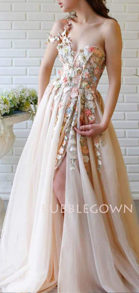 One Shoulder V Neck Champagne Tulle Appliques A-line Long Evening Prom Dresses, Cheap Custom V Neck Prom Dress, MR7430