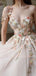 One Shoulder V Neck Champagne Tulle Appliques A-line Long Evening Prom Dresses, Cheap Custom V Neck Prom Dress, MR7430