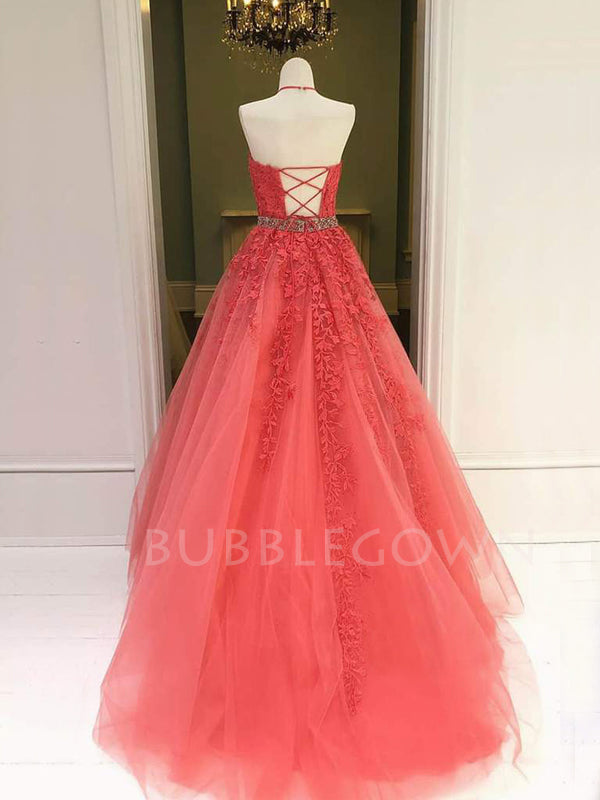 A-line Halter Watermelon Red Tulle Appliques Lace Long Evening Prom Dresses, Cheap Custom Prom Dress, MR7431