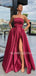 A-line Burgundy Satin Strapless Side Slit Long Evening Prom Dresses, Cheap Custom prom dresses, MR7433