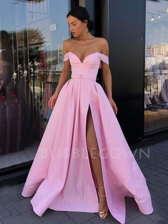 A-line Pink Satin Off Shoulder Side Slit Long Evening Prom Dresses, Cheap Custom prom dresses, MR7434