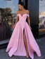 A-line Pink Satin Off Shoulder Side Slit Long Evening Prom Dresses, Cheap Custom prom dresses, MR7434