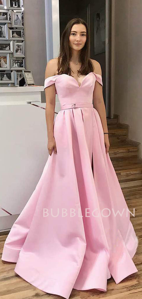 A-line Pink Satin Off Shoulder Side Slit Long Evening Prom Dresses, Cheap Custom prom dresses, MR7434