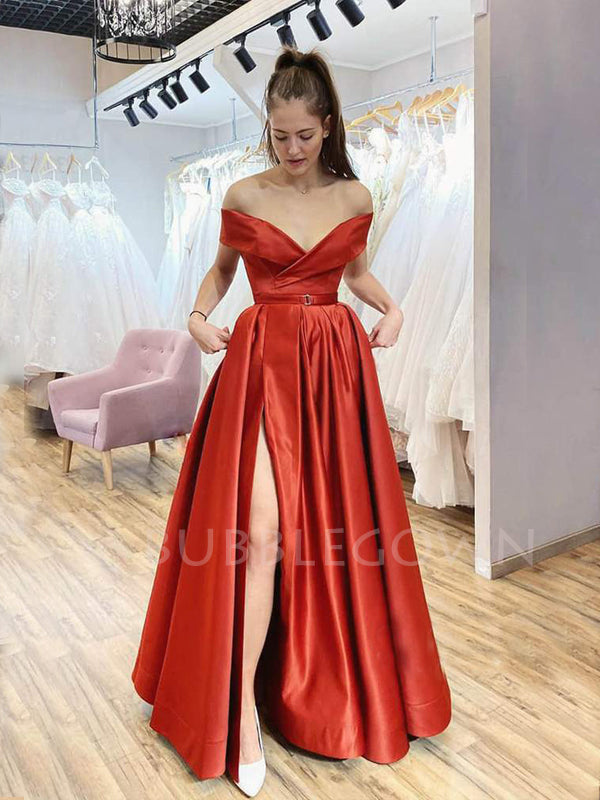 Orange Satin Off Shoulder Side Slit Long A-line Evening Prom Dresses, Cheap Custom prom dresses, MR7435