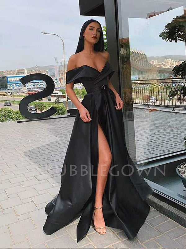 Orange Satin Off Shoulder Side Slit Long A-line Evening Prom Dresses, Cheap Custom prom dresses, MR7435