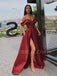 Orange Satin Off Shoulder Side Slit Long A-line Evening Prom Dresses, Cheap Custom prom dresses, MR7435