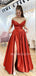 Orange Satin Off Shoulder Side Slit Long A-line Evening Prom Dresses, Cheap Custom prom dresses, MR7435