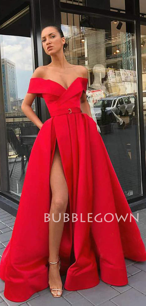 Orange Satin Off Shoulder Side Slit Long A-line Evening Prom Dresses, Cheap Custom prom dresses, MR7435