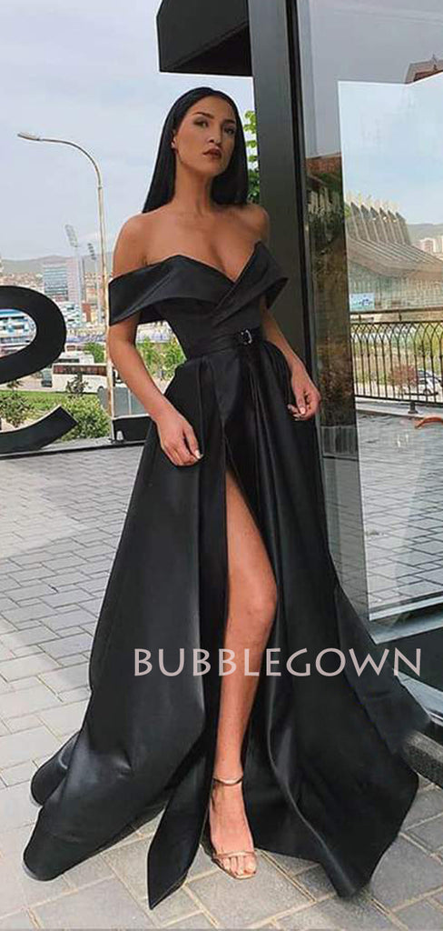 Orange Satin Off Shoulder Side Slit Long A-line Evening Prom Dresses, Cheap Custom prom dresses, MR7435