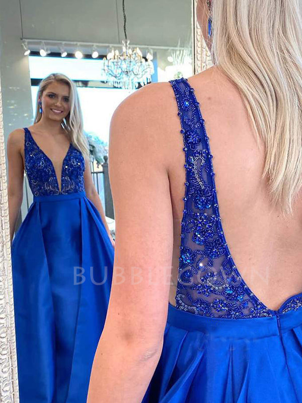 See Throuth V Neck Blue Satin A-line Long V Back Evening Prom Dresses, Cheap Custom Backless Prom Dresses, MR7437