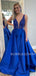 See Throuth V Neck Blue Satin A-line Long V Back Evening Prom Dresses, Cheap Custom Backless Prom Dresses, MR7437