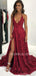 Burgundy Lace Spaghetti Straps V Neck Backless Long Evening Prom Dresses, Cheap Custom Prom Dresses, MR7440