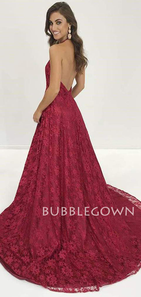 Burgundy Lace Spaghetti Straps V Neck Backless Long Evening Prom Dresses, Cheap Custom Prom Dresses, MR7440