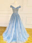 Off Shoulder A-line Blue Tulle Appliques Lace Long Evening Prom Dresses, Cheap Custom Prom Dresses, MR7441