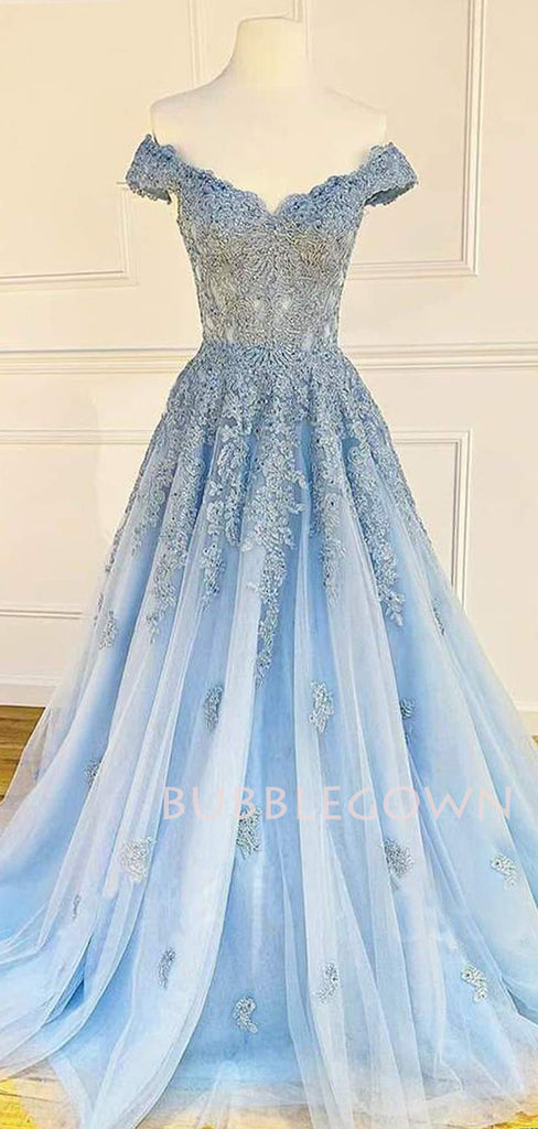 Off Shoulder A-line Blue Tulle Appliques Lace Long Evening Prom Dresses, Cheap Custom Prom Dresses, MR7441