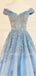 Off Shoulder A-line Blue Tulle Appliques Lace Long Evening Prom Dresses, Cheap Custom Prom Dresses, MR7441