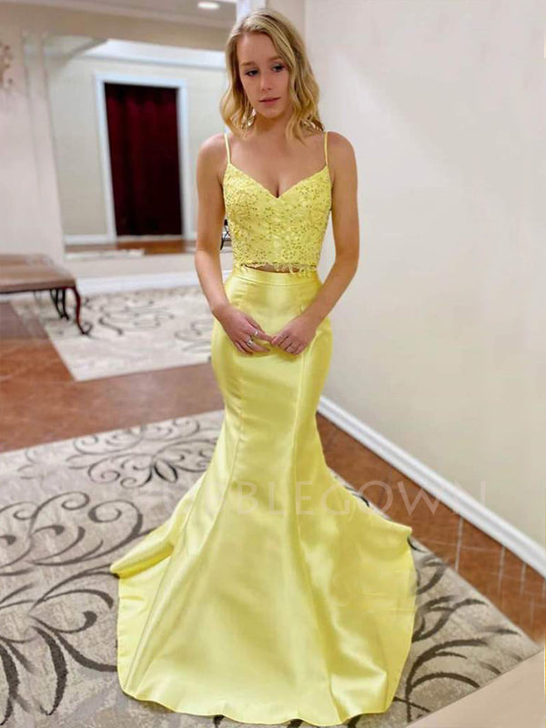 Two Pieces Yellow Satin Beaded Mermaid Long Evening Prom Dresses, Cheap Custom Prom Dress, MR7442