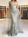 Off Shoulder Grey Lace Mermaid Beaded Long Evening Prom Dresses, MR7445