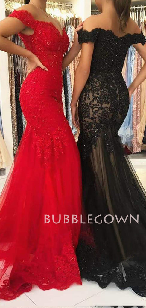 Off Shoulder Applique Lace Mermaid Beaded Long Evening Prom Dresses, MR7448