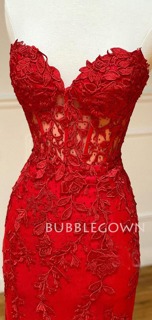 See Throuth Red Appliques Mermaid Lace Long Strapless Evening Prom Dresses, MR7451