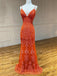 Orange Appliques Spaghetti Straps Mermaid Lace Backless Long Evening Prom Dresses, MR7452