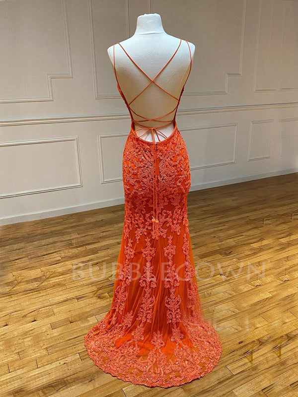 Orange Appliques Spaghetti Straps Mermaid Lace Backless Long Evening Prom Dresses, MR7452