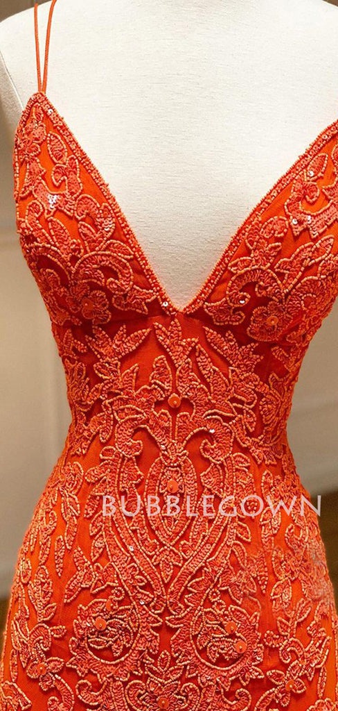 Orange Appliques Spaghetti Straps Mermaid Lace Backless Long Evening Prom Dresses, MR7452