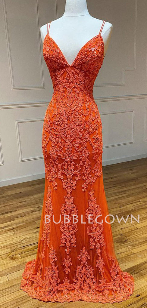 Orange Appliques Spaghetti Straps Mermaid Lace Backless Long Evening Prom Dresses, MR7452