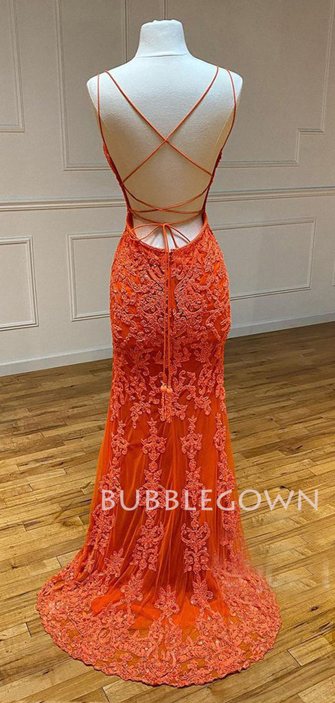 Orange Appliques Spaghetti Straps Mermaid Lace Backless Long Evening Prom Dresses, MR7452