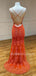 Orange Appliques Spaghetti Straps Mermaid Lace Backless Long Evening Prom Dresses, MR7452