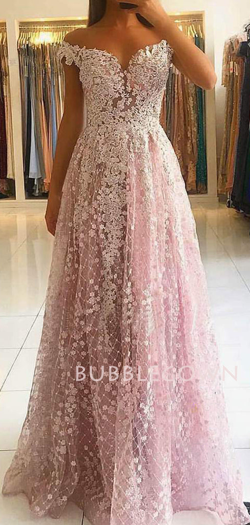 A-line Off Shoulder Appliques Lace Long Evening Prom Dresses, Cheap Custom Prom Dresses, MR7453