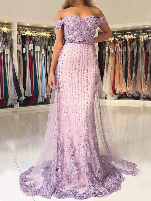 Off Shoulder Lavender Lace Mermaid Beaded Long Evening Prom Dresses, MR7457