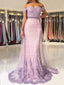 Off Shoulder Lavender Lace Mermaid Beaded Long Evening Prom Dresses, MR7457