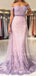 Off Shoulder Lavender Lace Mermaid Beaded Long Evening Prom Dresses, MR7457