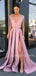 Deep V Neck Satin Long Side Slit Evening Prom Dresses, Cheap Custom prom dresses, MR7365