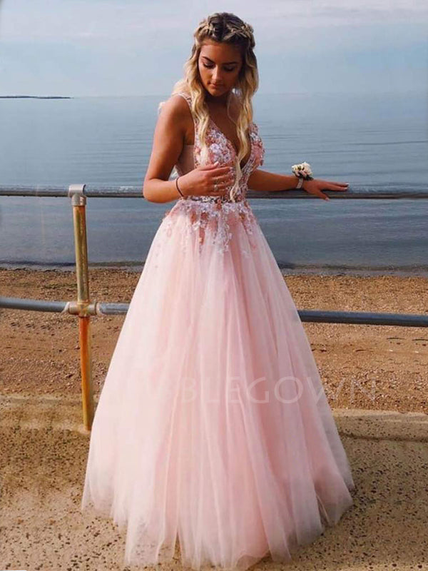 Pink Tulle See Throuth V Neck Appliques Lace A-line Long Evening Prom Dresses, Cheap Custom V Back Prom Dress, MR7466