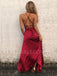 Burgundy Spaghetti Straps Backless Side Slit Formal Long Evening Prom Dresses, MR7469