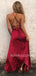 Burgundy Spaghetti Straps Backless Side Slit Formal Long Evening Prom Dresses, MR7469