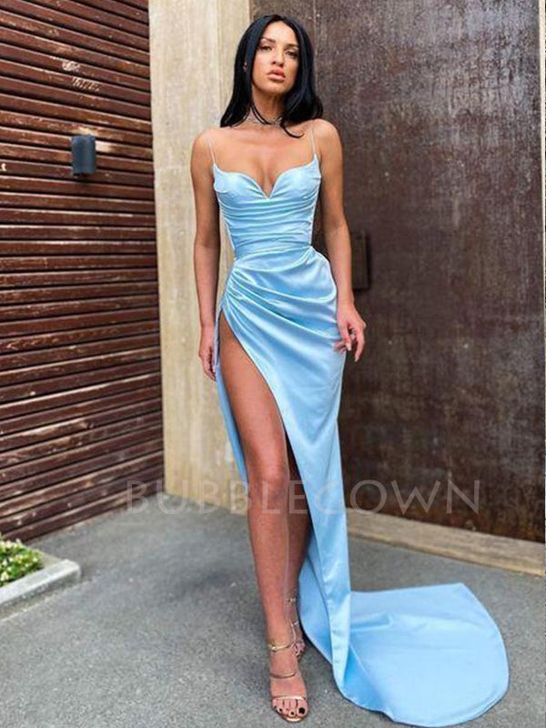 Spaghetti Straps Blue Satin Mermaid Side Slit Long Evening Prom Dresses, Cheap Custom Prom Dresses, MR7470