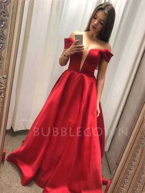 A-line Off Shoulder Red Satin Deep V Neck Long Evening Prom Dresses, Cheap Custom Prom Dresses, MR7473