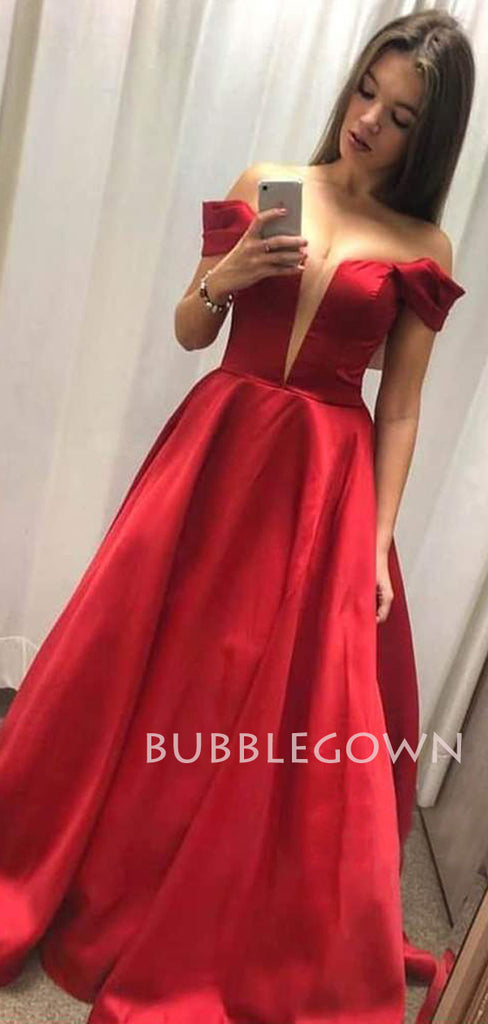 A-line Off Shoulder Red Satin Deep V Neck Long Evening Prom Dresses, Cheap Custom Prom Dresses, MR7473