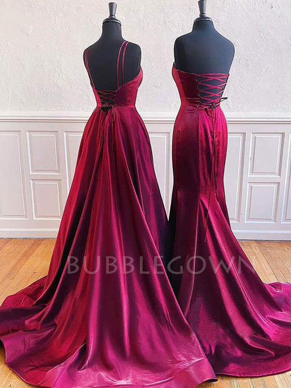 Burgundy Satin A-line/Mermaid Long Evening Prom Dresses, Cheap Custom Prom Dresses, MR7474