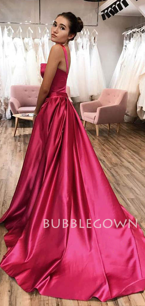 A-line Fuchsia Satin Long Evening Prom Dresses, Cheap Custom prom dresses, MR7477