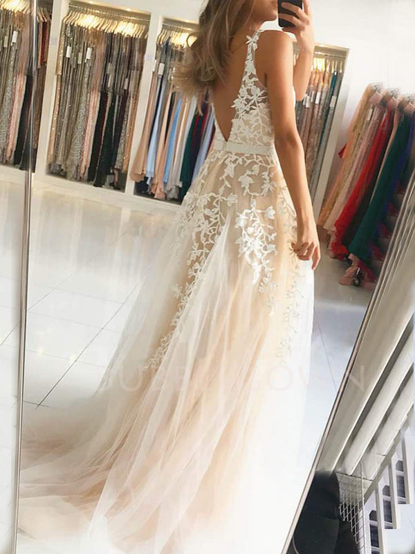 A-Line Deep V Neck Lace Beaded Long Evening Prom Dresses, Cheap Custom Prom Dresses, MR7480