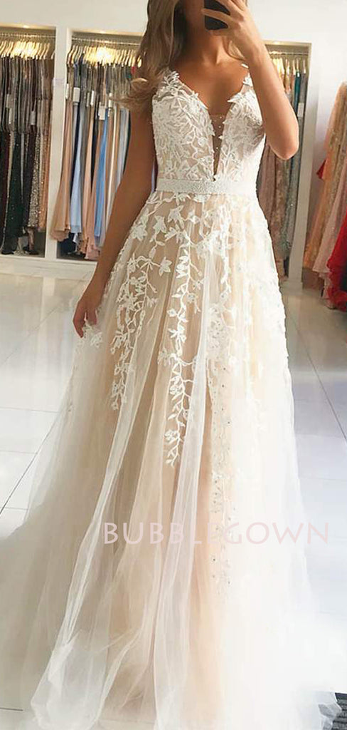 A-Line Deep V Neck Lace Beaded Long Evening Prom Dresses, Cheap Custom Prom Dresses, MR7480