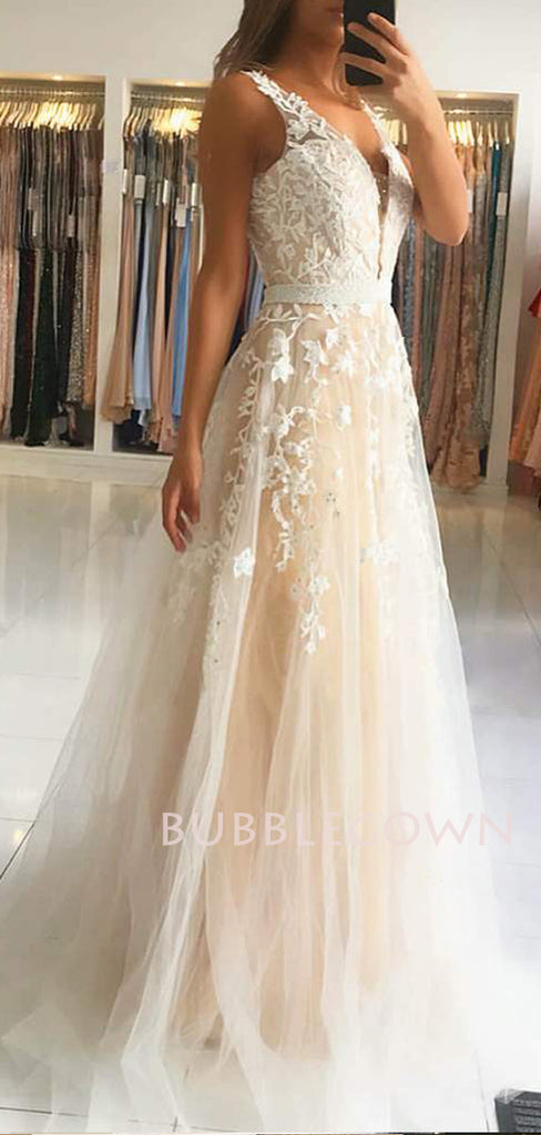 A-Line Deep V Neck Lace Beaded Long Evening Prom Dresses, Cheap Custom Prom Dresses, MR7480